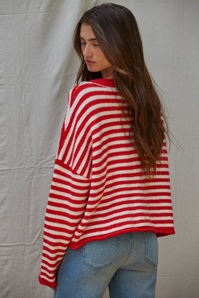 Knit Sweater Striped Buttondown Cardigan Top