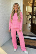 Stripe Top and Buttoned Straight Pants Pants Set