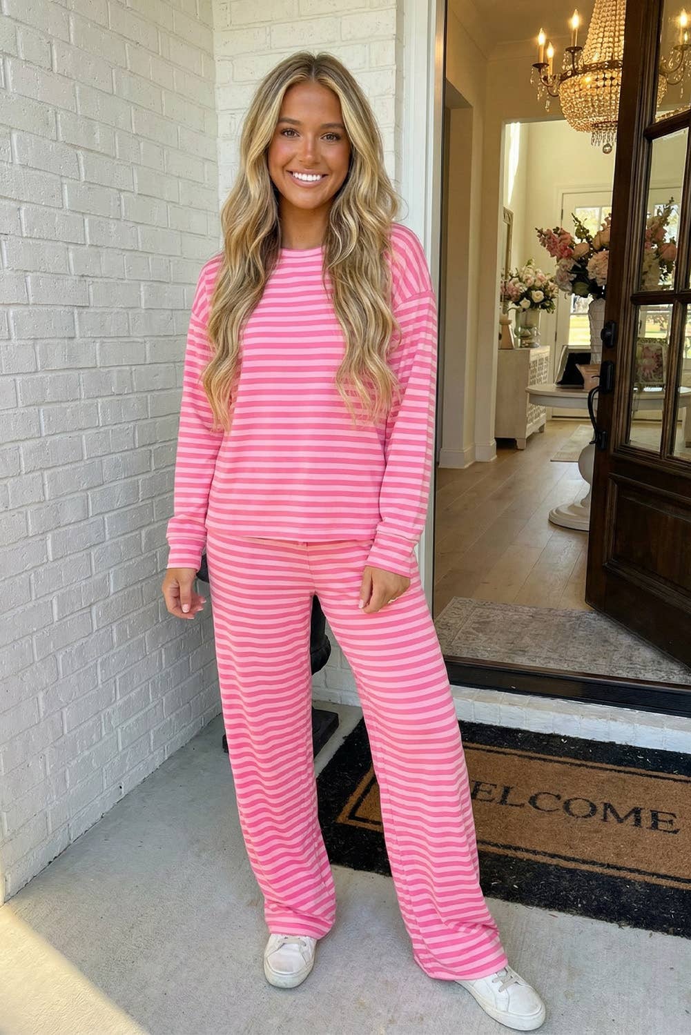 Stripe Top and Buttoned Straight Pants Pants Set